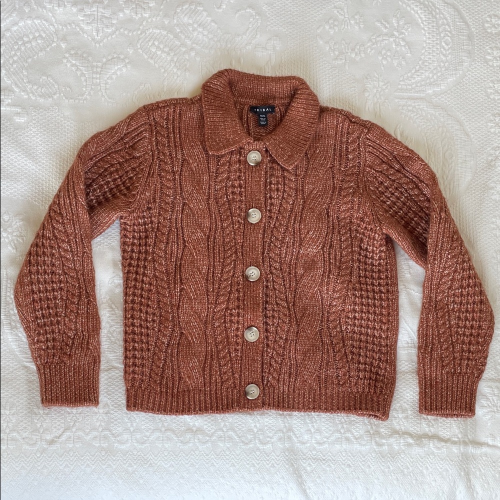 Tribal Cable Knit Button-Up Cardigan - Rust Copper Size XL